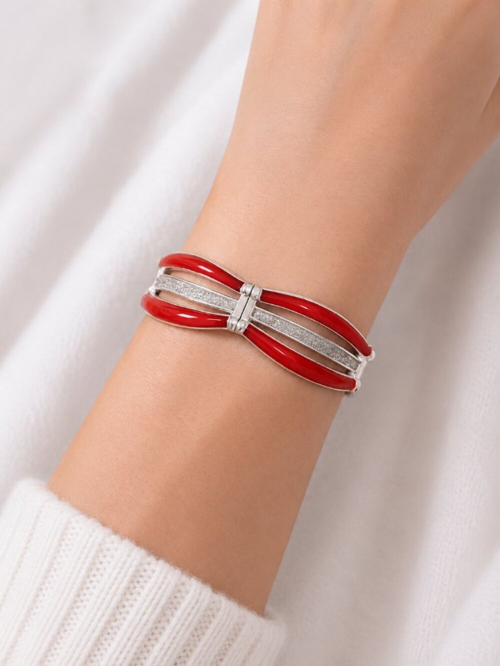 New York & Company Red Enamel Hinged Cuff Bracelet Silver Tone Bangle